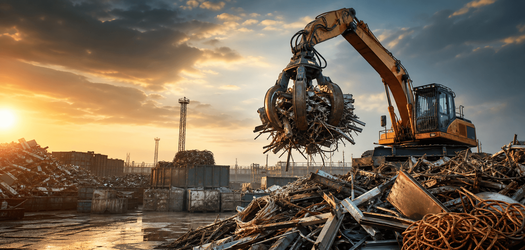Industrial scrap yard with excavator handling metal